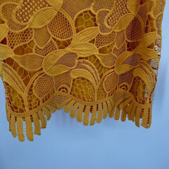 LOVERS + FRIENDS Yellow Marigold Floral Lace Scalloped Caspian Mini Dress Medium - Picture 7 of 10